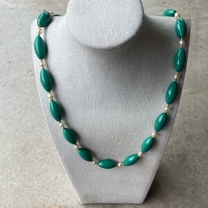vintage necklace featuring chunky green beads and small Faux Pearls spacers
